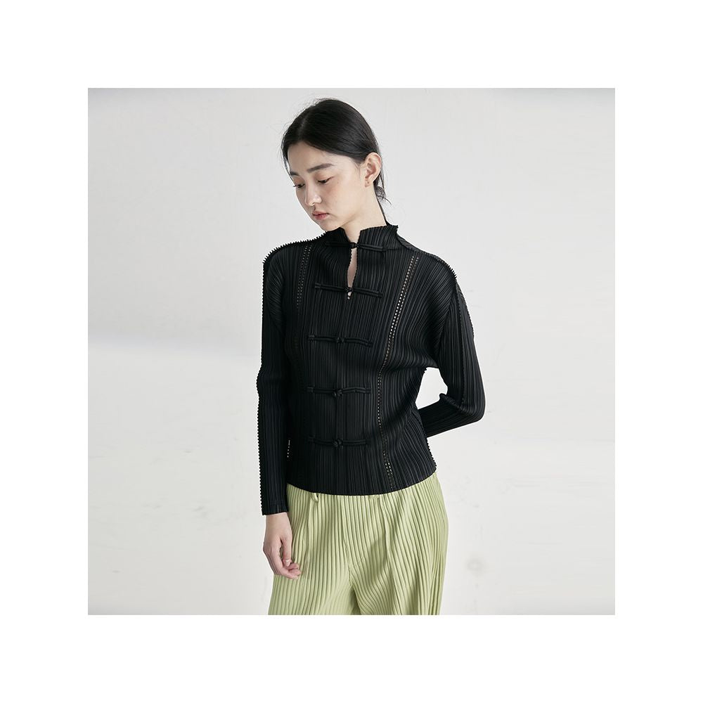 Whitecube early spring long sleeved shirt laser engraved three house style pleated new Chinese style button down shirt top for women image 8