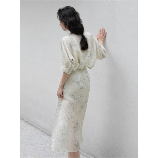 Asaya1005  -  Thread Ramie Fried Dough Twists Pattern Slim Covering Meat Fashion Set Port Style Loose Top Women Skirt Summer