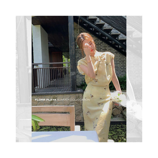 Asaya1001 - Hua Hua Yuan Bi Po Ningxiang Light Yellow New Chinese Short sleeved Dress for Women s Spring and Summer Cheongsam Improved Hip Wrapping Skirt