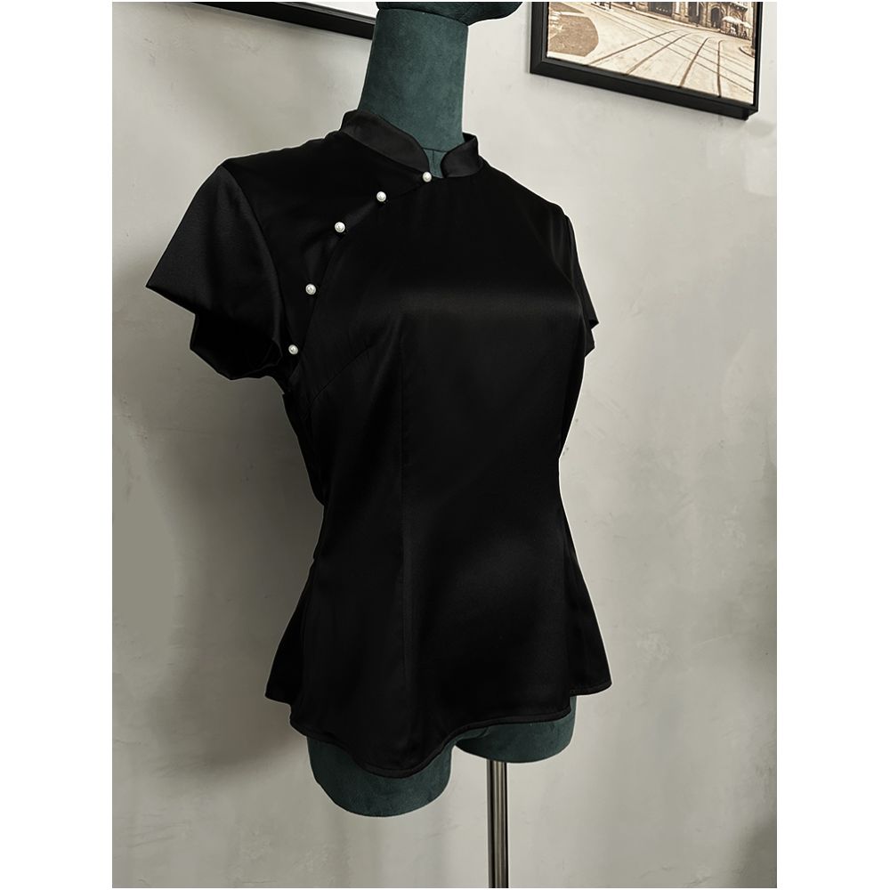 Monthly poster silk cheongsam top appears slim with exposed waist slightly wide short sleeved stand up collar slim fit silk side zipper image 27