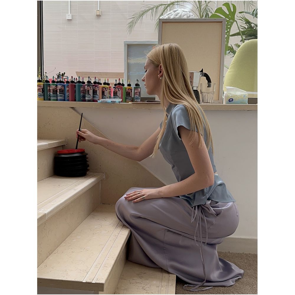 Monthly poster silk cheongsam top appears slim with exposed waist slightly wide short sleeved stand up collar slim fit silk side zipper image 89