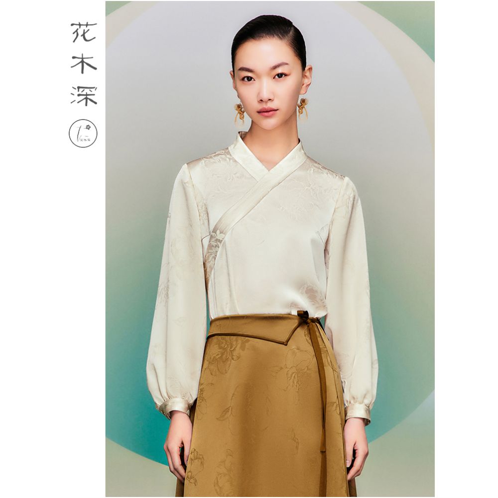 Celebrity Style Huamu Shen New Chinese Style Acetate Jacquard Top Improved Hanfu Tea Suit Cross Collar Slant Lapel Bottom image 2
