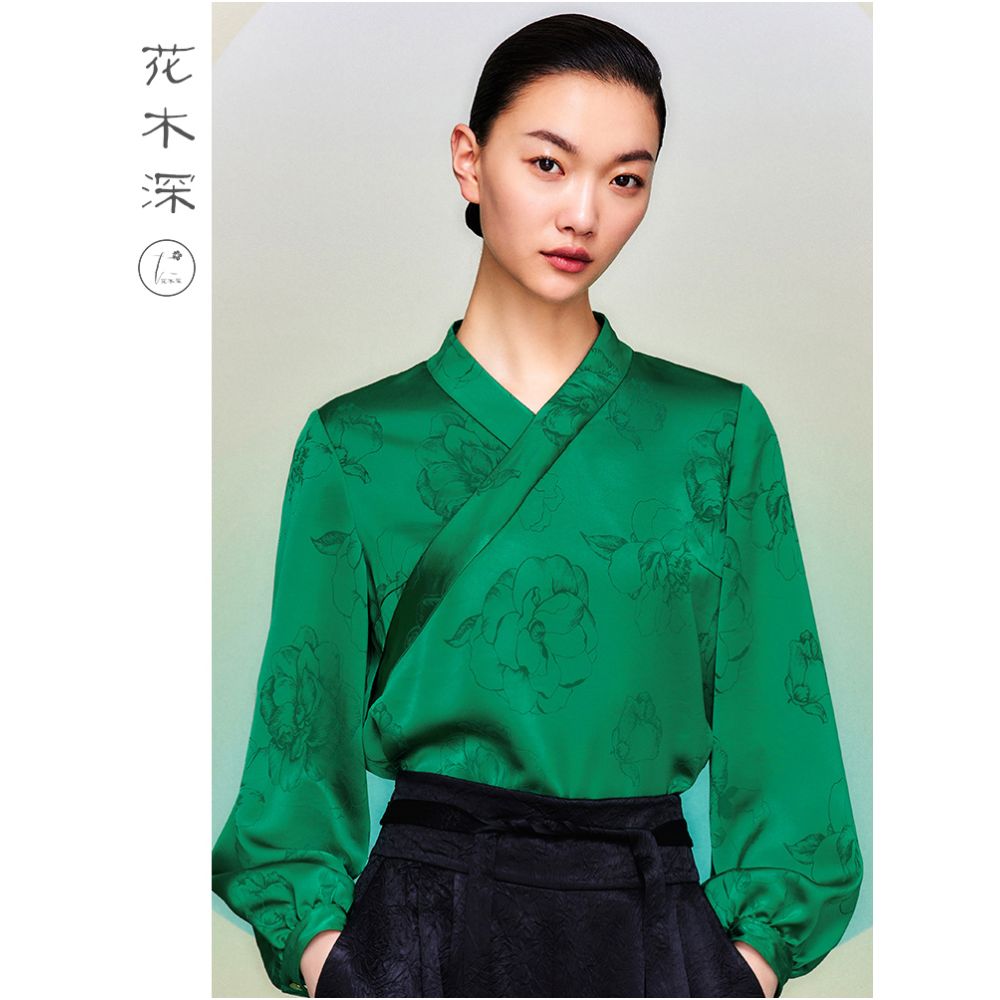 Celebrity Style Huamu Shen New Chinese Style Acetate Jacquard Top Improved Hanfu Tea Suit Cross Collar Slant Lapel Bottom image 3