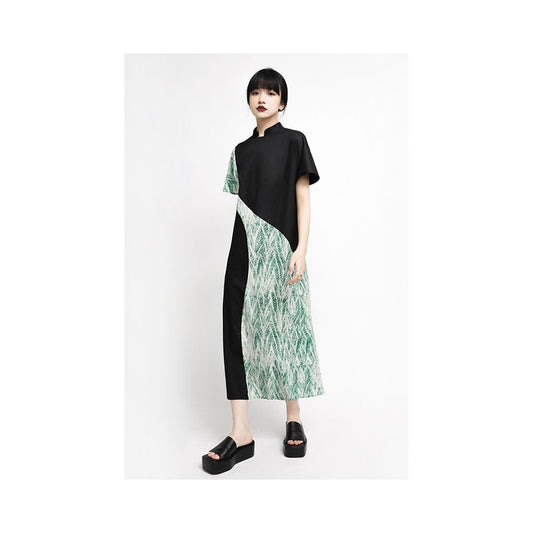 Asaya946 - APOZi Tai Chi Series New Chinese Splicing Dress Women s Loose Waist Stand up Collar Cheongsam Skirt Summer New Long Dress