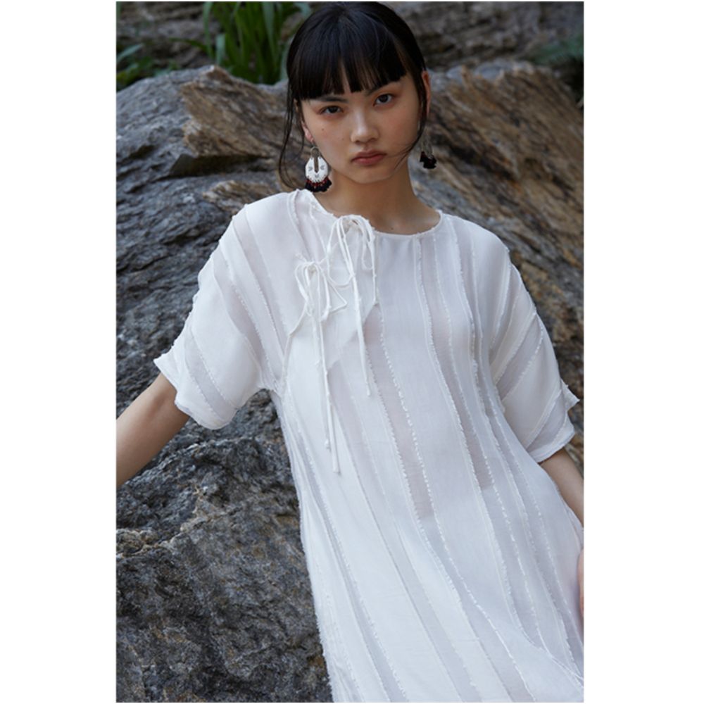 PaleBlueDot Blue Dot Original Designer White Striped Hollow Oblique Front Improved Cheongsam Dress image 3