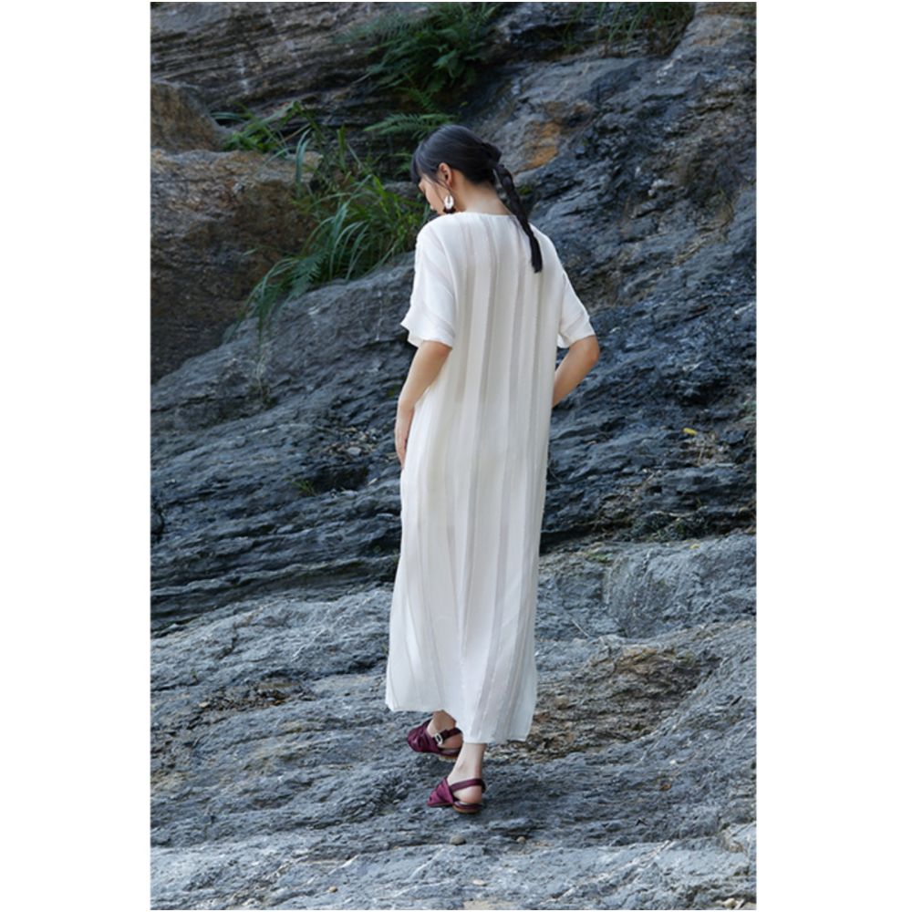 PaleBlueDot Blue Dot Original Designer White Striped Hollow Oblique Front Improved Cheongsam Dress image 4