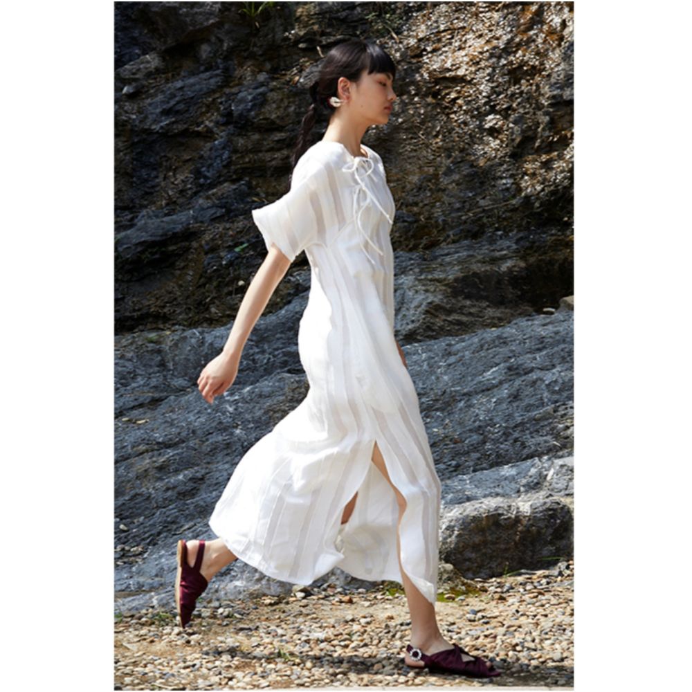 PaleBlueDot Blue Dot Original Designer White Striped Hollow Oblique Front Improved Cheongsam Dress image 0