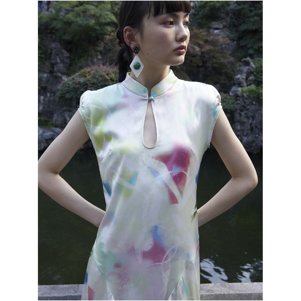 PaleBlueDot Summer Fashionable Blended Pattern Lotus Leaf Edge Improved Chinese Cheongsam Dress image 1
