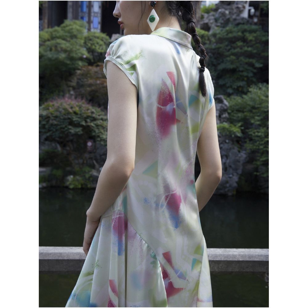 PaleBlueDot Summer Fashionable Blended Pattern Lotus Leaf Edge Improved Chinese Cheongsam Dress image 3