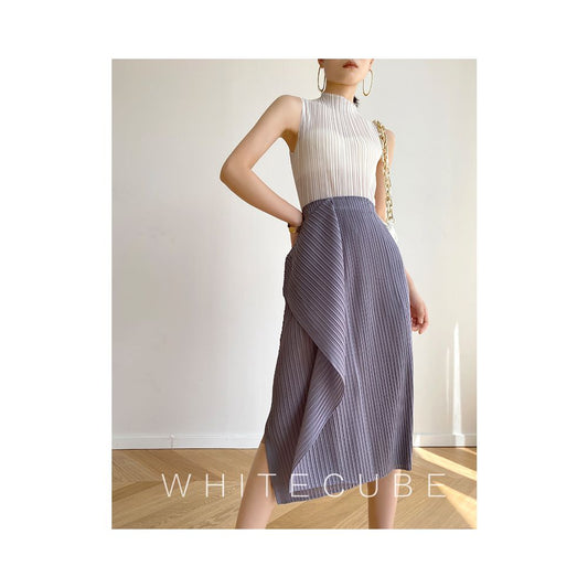Asaya933 - Spring Summer Miyake style pleated black medium to long versatile irregular internet famous pleated A line half body skirt