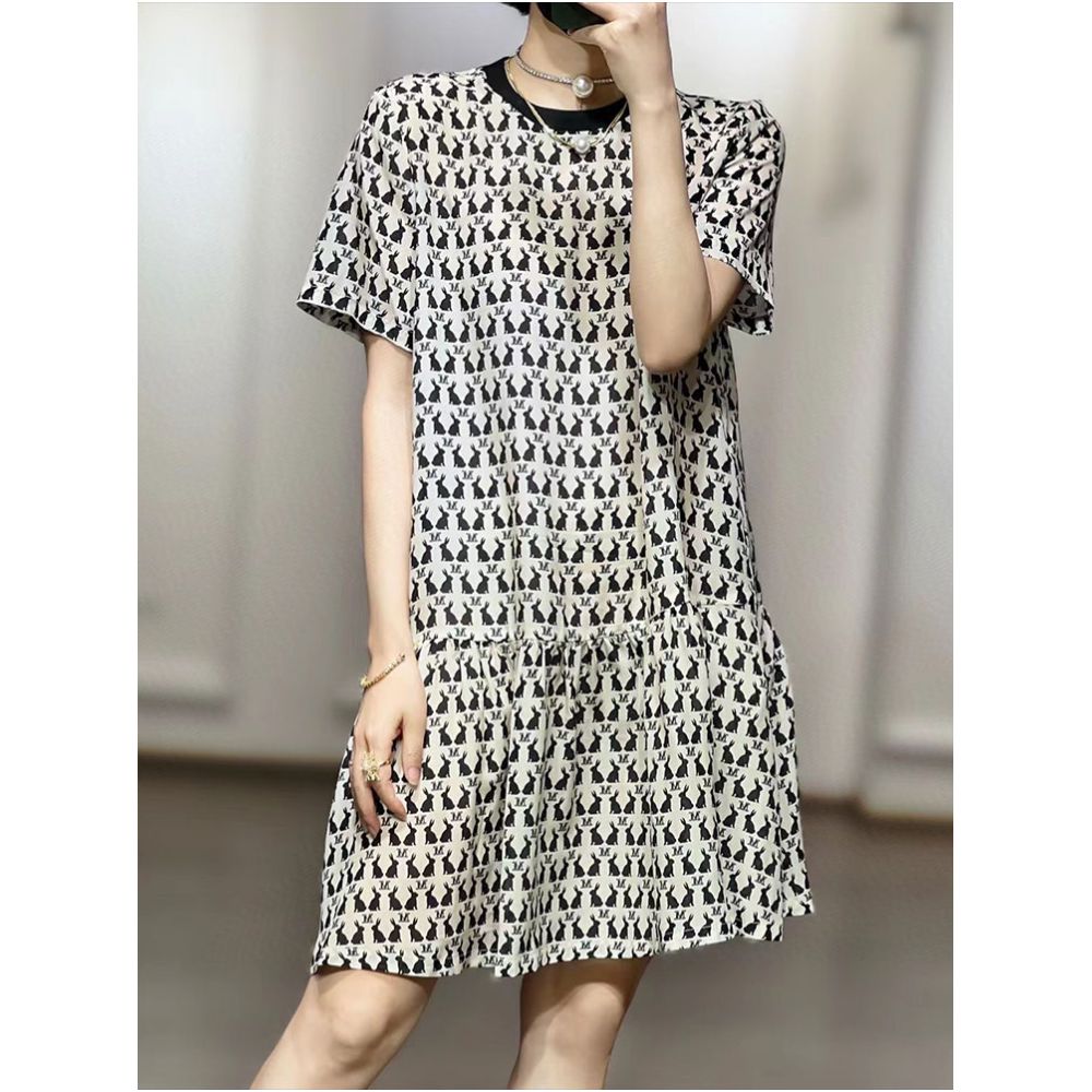European 100 mulberry silk cat printed silk dress for women loose fit slimming and age reducing A line doll dress summer 2025 image 1