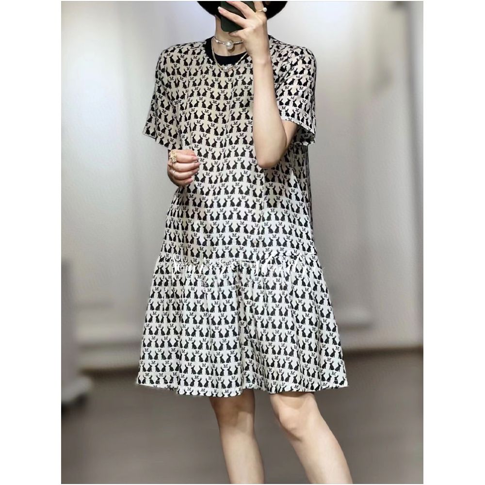European 100 mulberry silk cat printed silk dress for women loose fit slimming and age reducing A line doll dress summer 2025 image 2