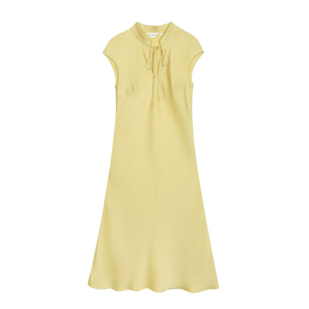 PaleBlueDot Summer Fashion Designer Stand up Collar Bright Yellow Satin Cheongsam Dress for Women image 5