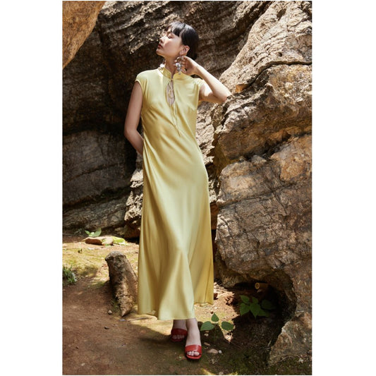 Asaya906 - PaleBlueDot Summer Fashion Designer Stand up Collar Bright Yellow Satin Cheongsam Dress for Women