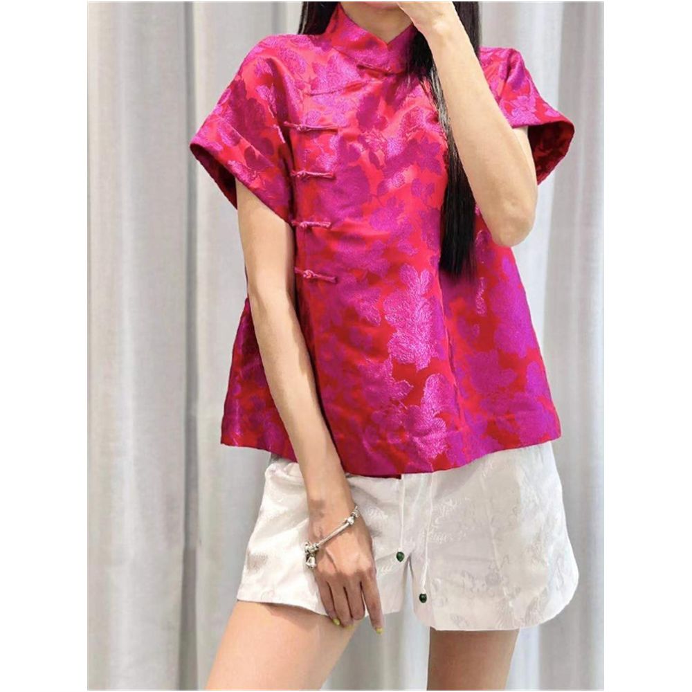Town store baby PYJ153 white rose red short sleeved shirt base shirt Chinese retro small shirt top for spring and summer women image 1