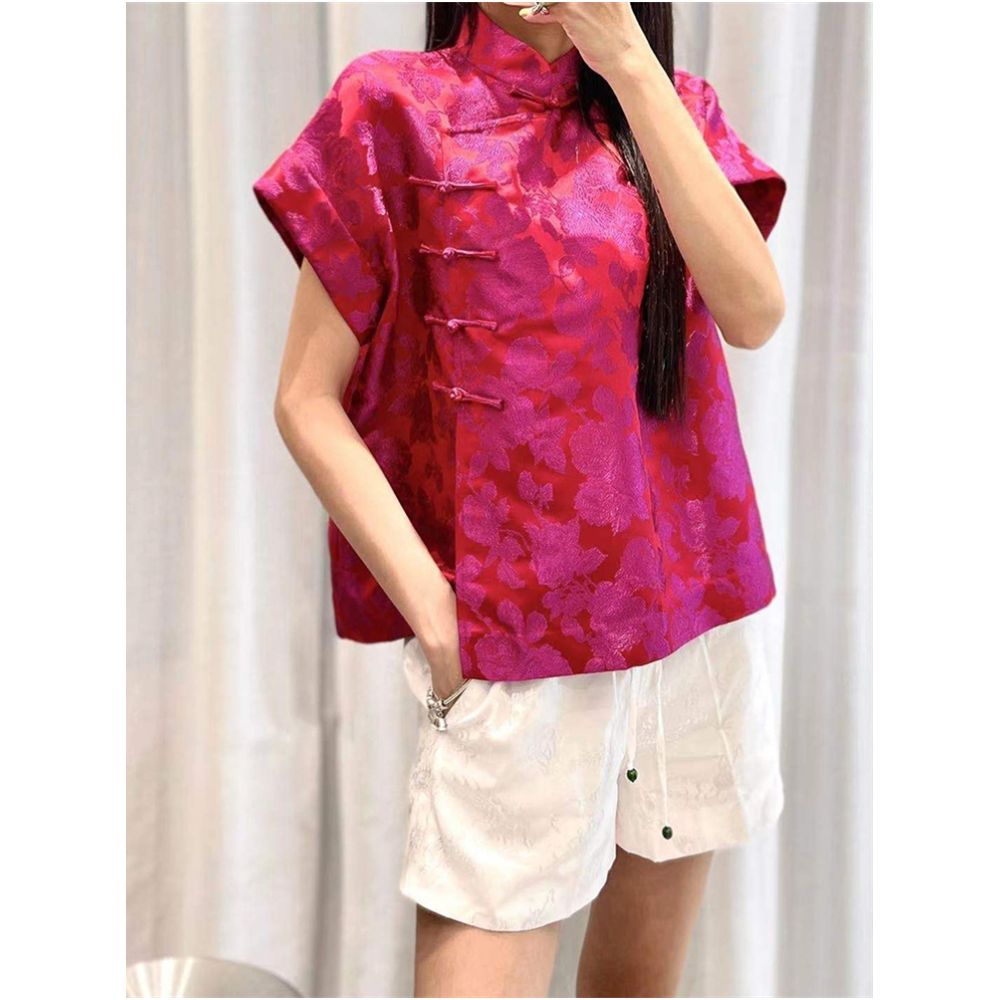 Town store baby PYJ153 white rose red short sleeved shirt base shirt Chinese retro small shirt top for spring and summer women image 2