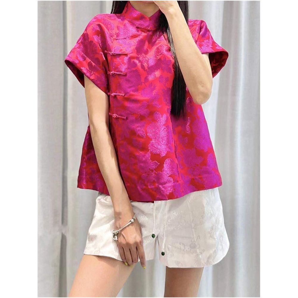 Town store baby PYJ153 white rose red short sleeved shirt base shirt Chinese retro small shirt top for spring and summer women image 3
