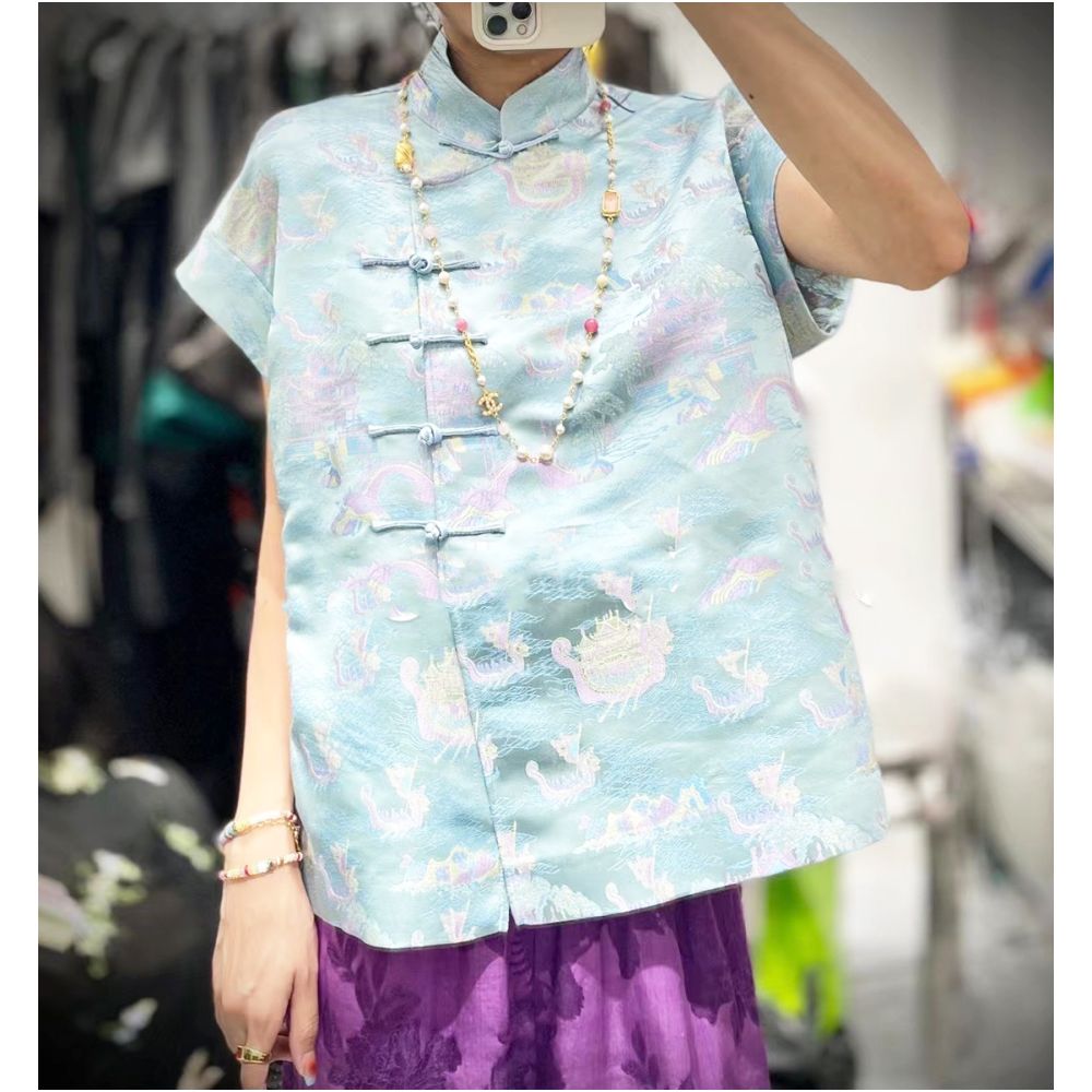 Town store baby PYJ153 white rose red short sleeved shirt base shirt Chinese retro small shirt top for spring and summer women image 12
