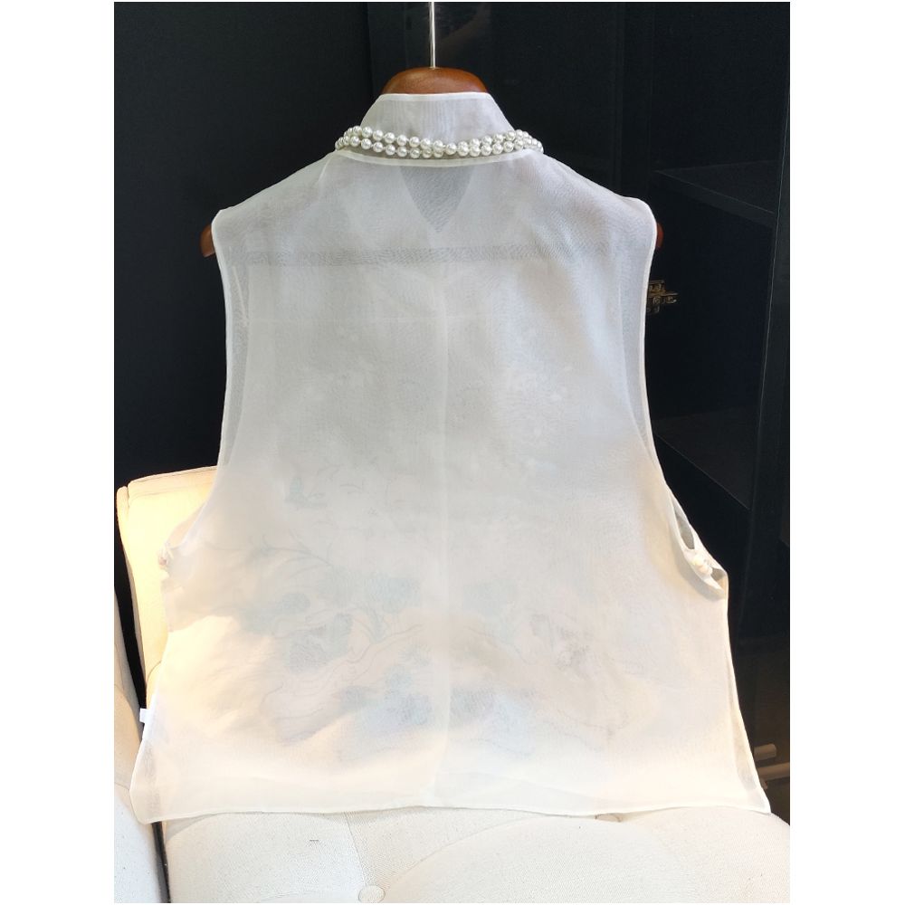 White real silk organza national style vest women s summer new retro button embroidered mulberry silk thin cardigan jacket image 2