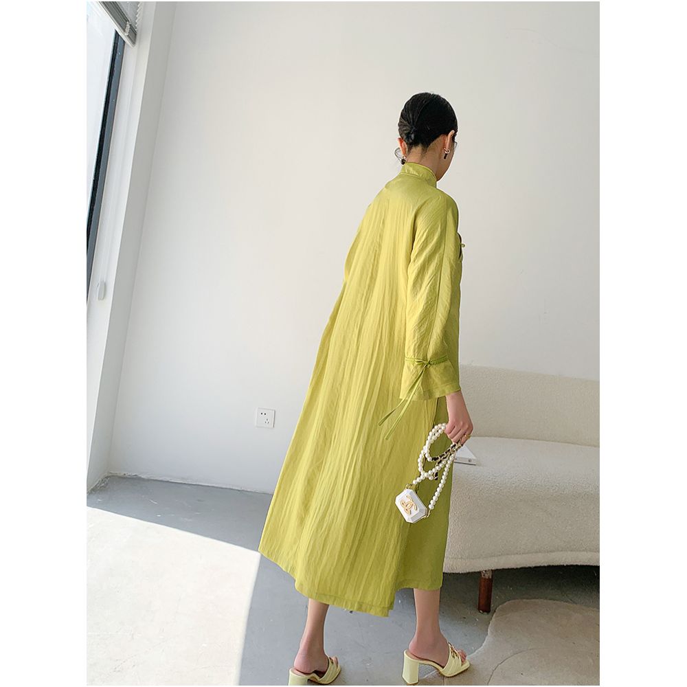 Green high end acetic acid cheongsam dress for women s daily summer new style retro buckle casual loose over the knee dress image 3