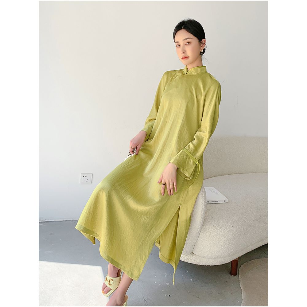 Green high end acetic acid cheongsam dress for women s daily summer new style retro buckle casual loose over the knee dress image 0