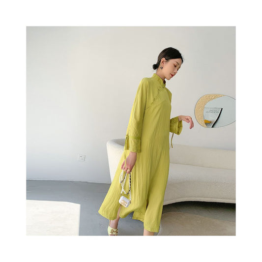 Asaya868 - Green high end acetic acid cheongsam dress for women s daily summer new style retro buckle casual loose over the knee dress