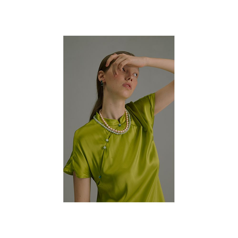 NEANT 2018 AW Series 1 100 Mulberry Silk Green Jade Improved Chinese Waist less Cheongsam image 6