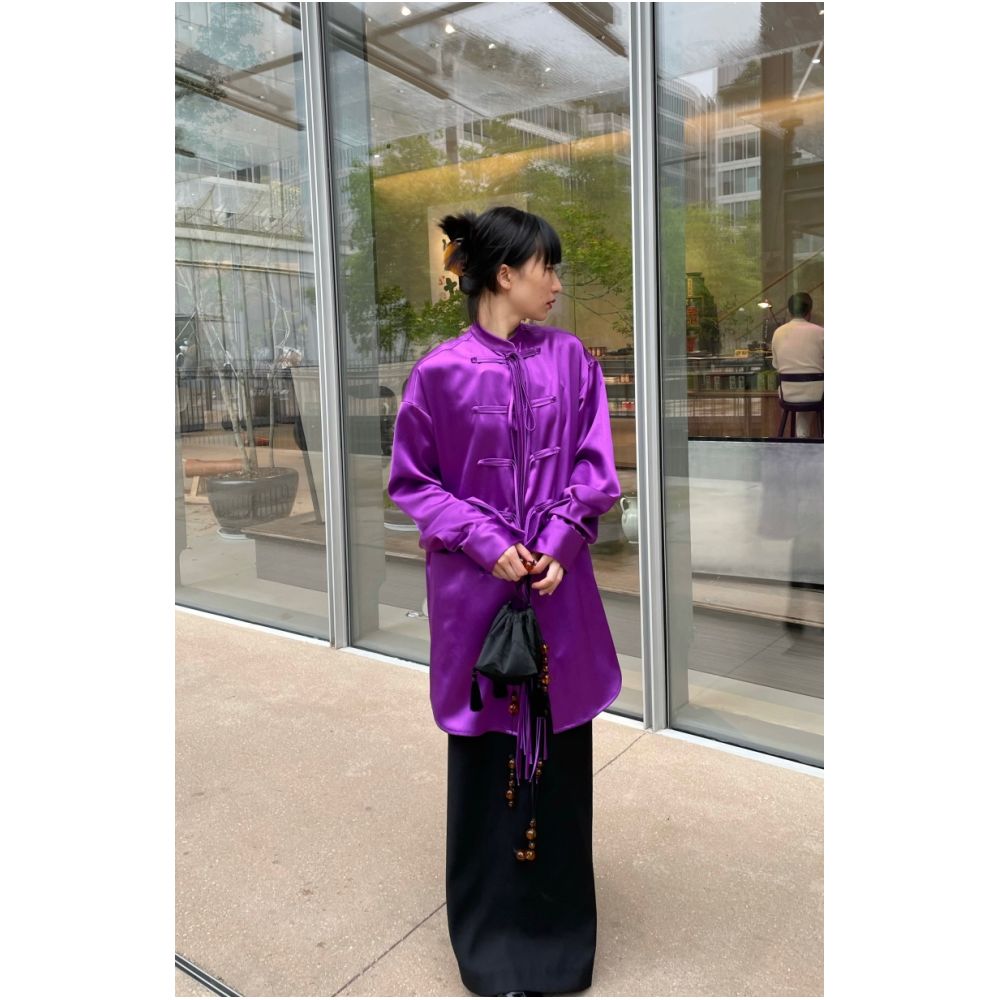Ilikeiitsomuchban satin drape purple new Chinese style stand up collar shirt loose fit image 2