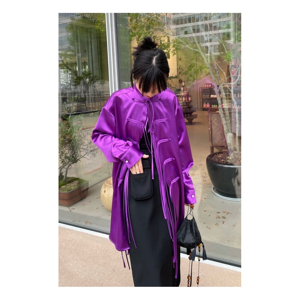 Ilikeiitsomuchban satin drape purple new Chinese style stand up collar shirt loose fit image 3