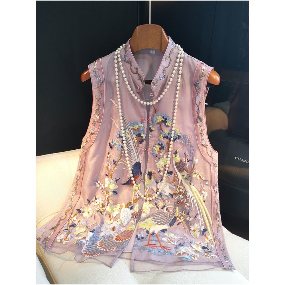 Retro Chinese style embroidered vest medium to long women s summer new style Chinese style standing collar buckle sleeveless Tang style fashion trend image 1