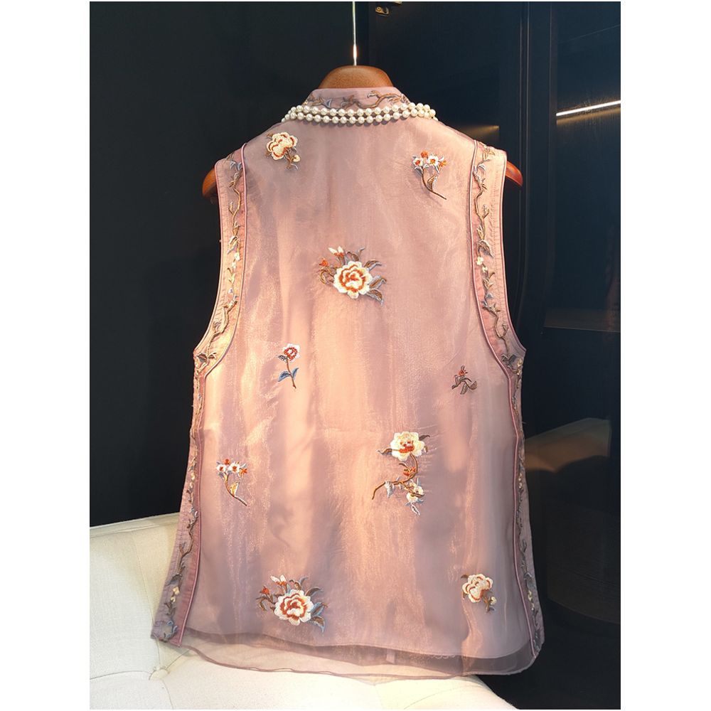 Retro Chinese style embroidered vest medium to long women s summer new style Chinese style standing collar buckle sleeveless Tang style fashion trend image 2