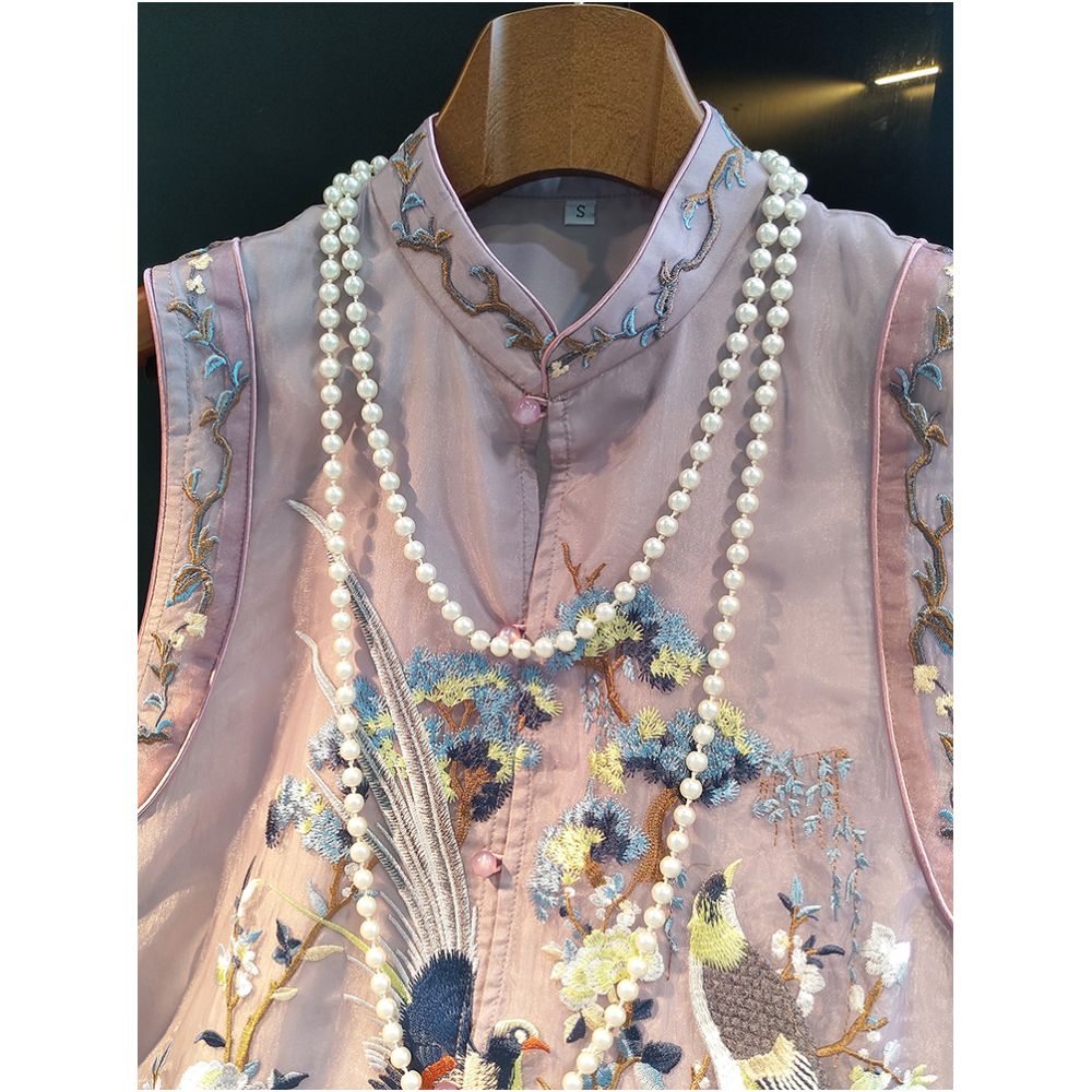Retro Chinese style embroidered vest medium to long women s summer new style Chinese style standing collar buckle sleeveless Tang style fashion trend image 3