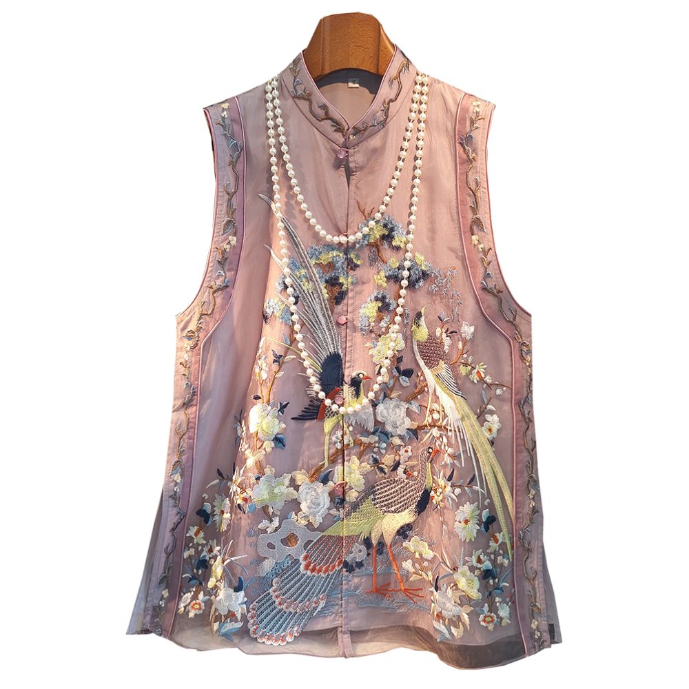 Retro Chinese style embroidered vest medium to long women s summer new style Chinese style standing collar buckle sleeveless Tang style fashion trend image 5