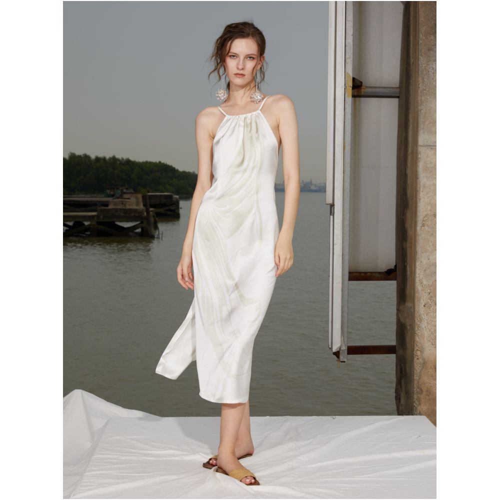 RIMLESS borderless original design sculpture print satin drape dress backless slit suspender skirt image 3