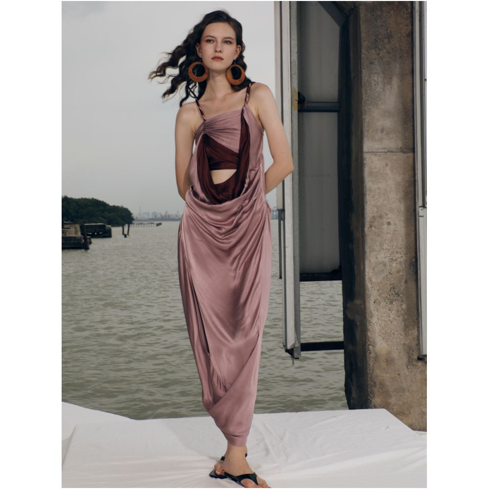 RIMLESS borderless gentle satin hollow out color blocked irregular pleated suspender dress niche original design image 1