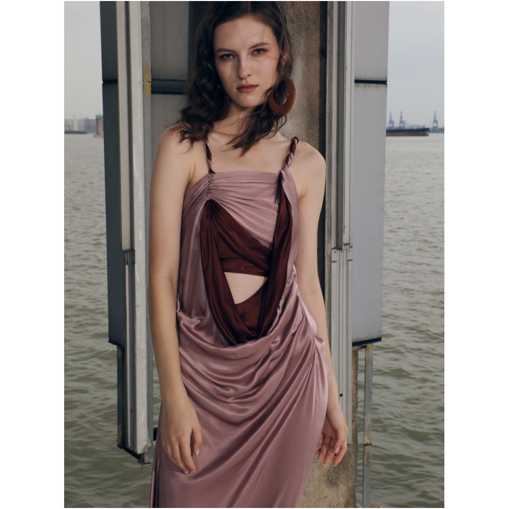 RIMLESS borderless gentle satin hollow out color blocked irregular pleated suspender dress niche original design image 2
