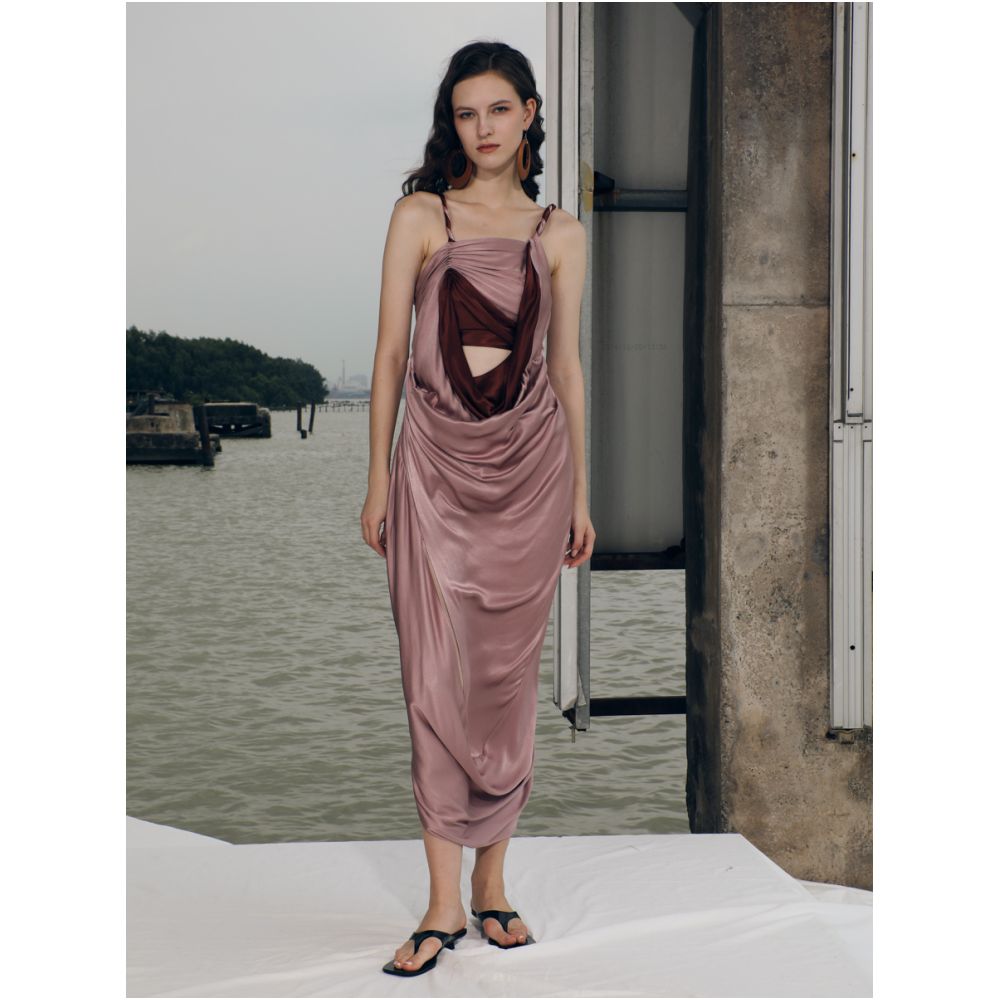 RIMLESS borderless gentle satin hollow out color blocked irregular pleated suspender dress niche original design image 3