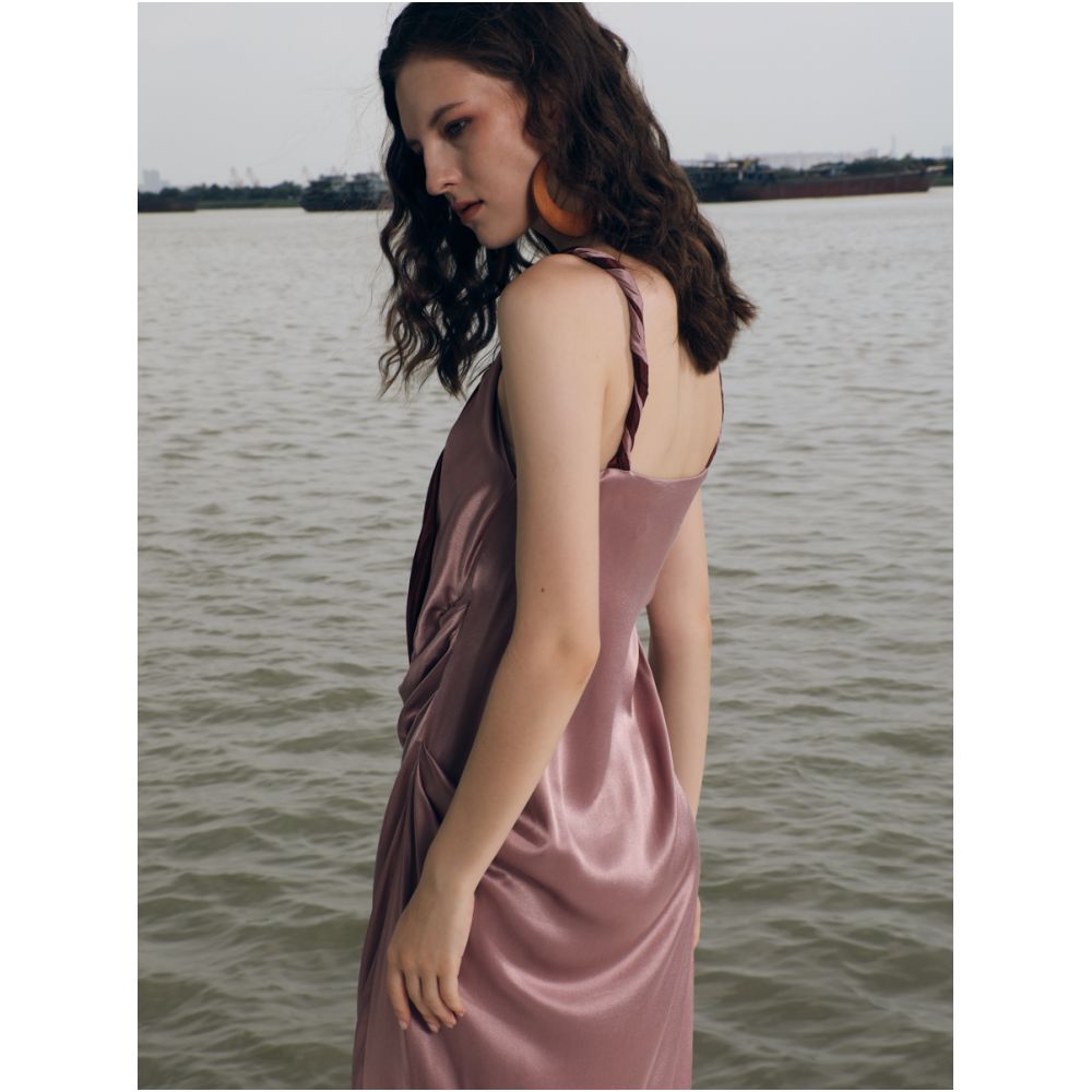 RIMLESS borderless gentle satin hollow out color blocked irregular pleated suspender dress niche original design image 5