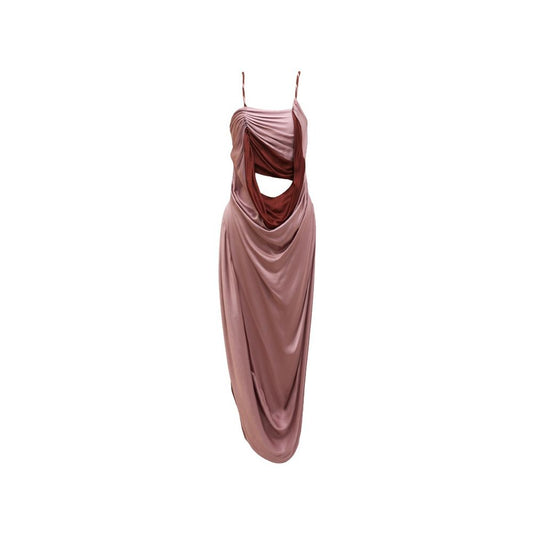 Asaya823 - RIMLESS borderless gentle satin hollow out color blocked irregular pleated suspender dress niche original design