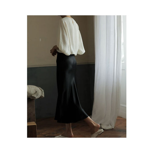 Asaya798 - Commuse memory imported acetic acid satin silky smooth hanging slimming elastic waistband A line mid length skirt