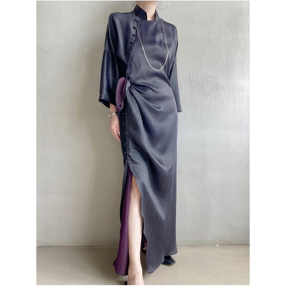 Exclusive niche exquisite new Chinese style black purple fragrant cloud yarn silk short sleeved cheongsam dress dress dress morning gown image 1