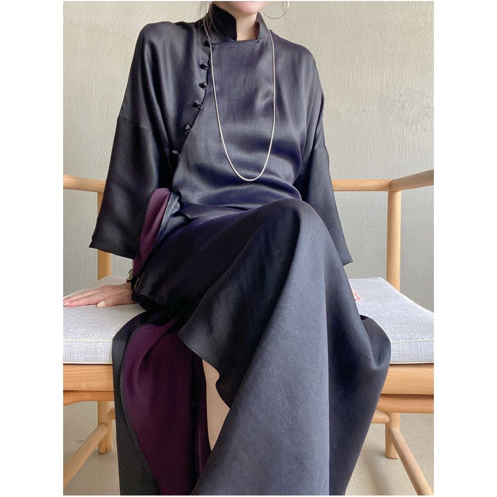 Exclusive niche exquisite new Chinese style black purple fragrant cloud yarn silk short sleeved cheongsam dress dress dress morning gown image 2