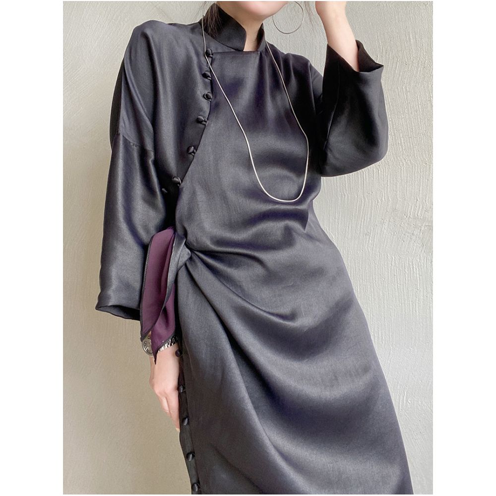 Exclusive niche exquisite new Chinese style black purple fragrant cloud yarn silk short sleeved cheongsam dress dress dress morning gown image 4