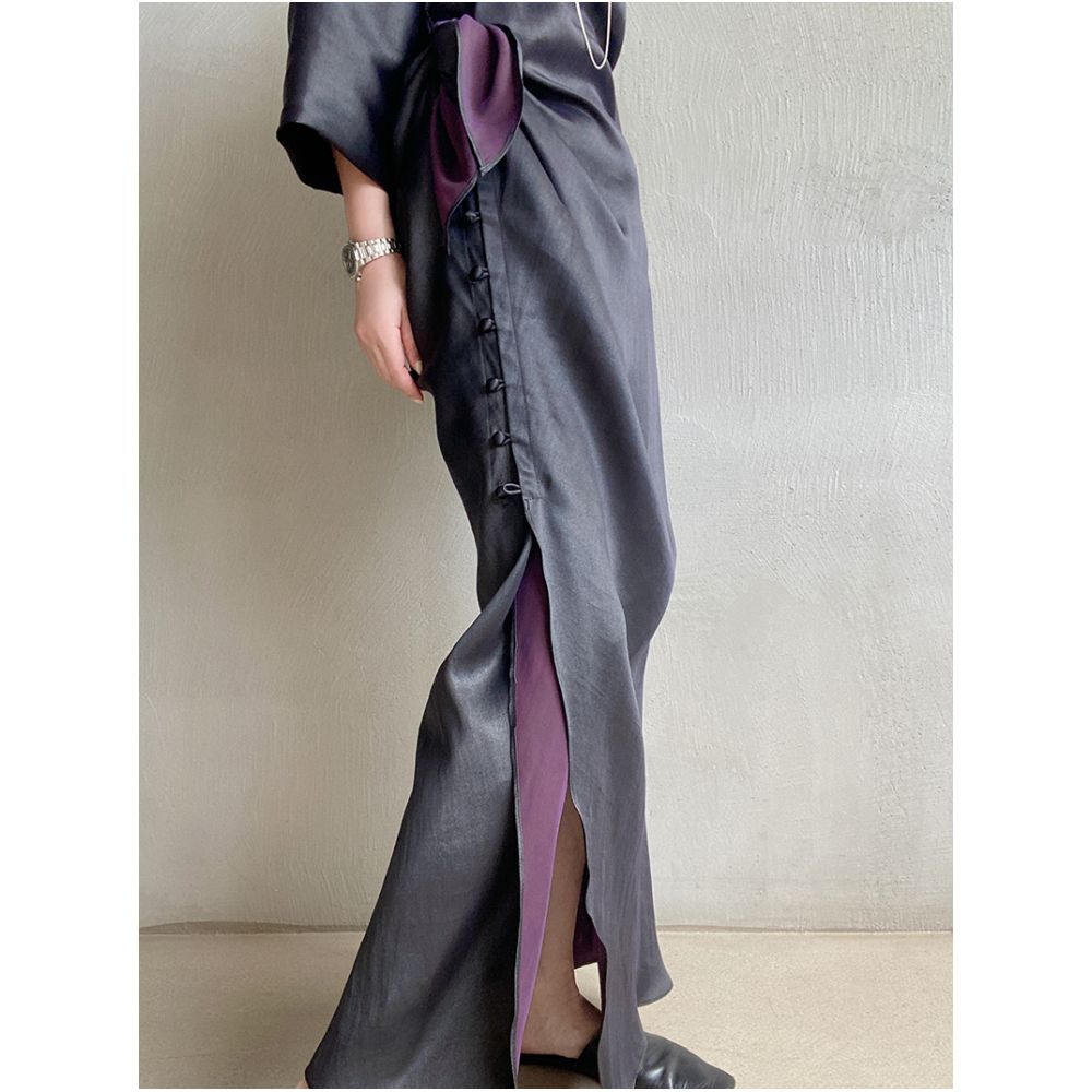 Exclusive niche exquisite new Chinese style black purple fragrant cloud yarn silk short sleeved cheongsam dress dress dress morning gown image 11