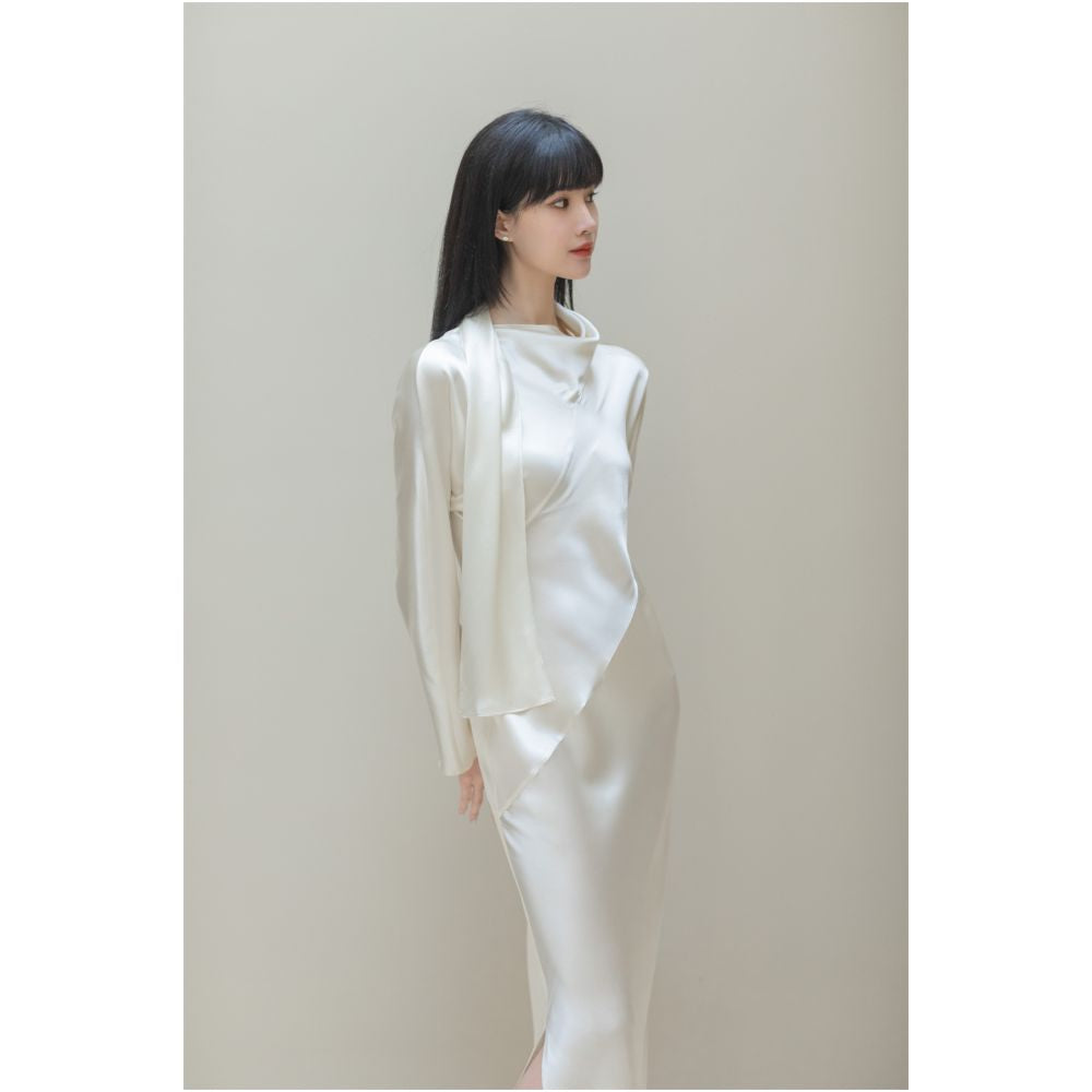 SAKINAWANG 22 Summer Silk Crepe Slant Cut Scarf Style Slim Fit Waist Long Sleeve Dress Solid Color image 1