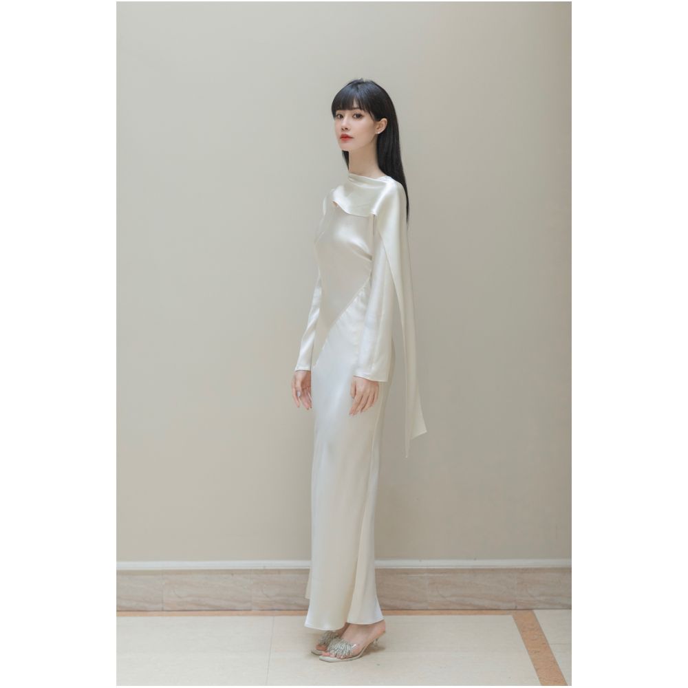 SAKINAWANG 22 Summer Silk Crepe Slant Cut Scarf Style Slim Fit Waist Long Sleeve Dress Solid Color image 3