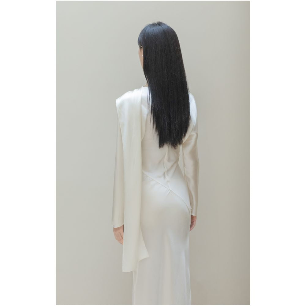 SAKINAWANG 22 Summer Silk Crepe Slant Cut Scarf Style Slim Fit Waist Long Sleeve Dress Solid Color image 4