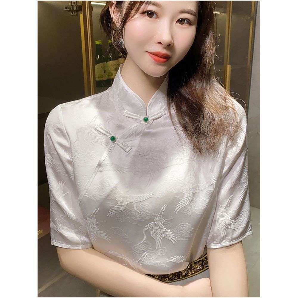 Heavy Industry Jacquard Heavy duty Silk Short sleeved Shirt Women s Summer Retro Buckle White Crane 2024 New Top image 3