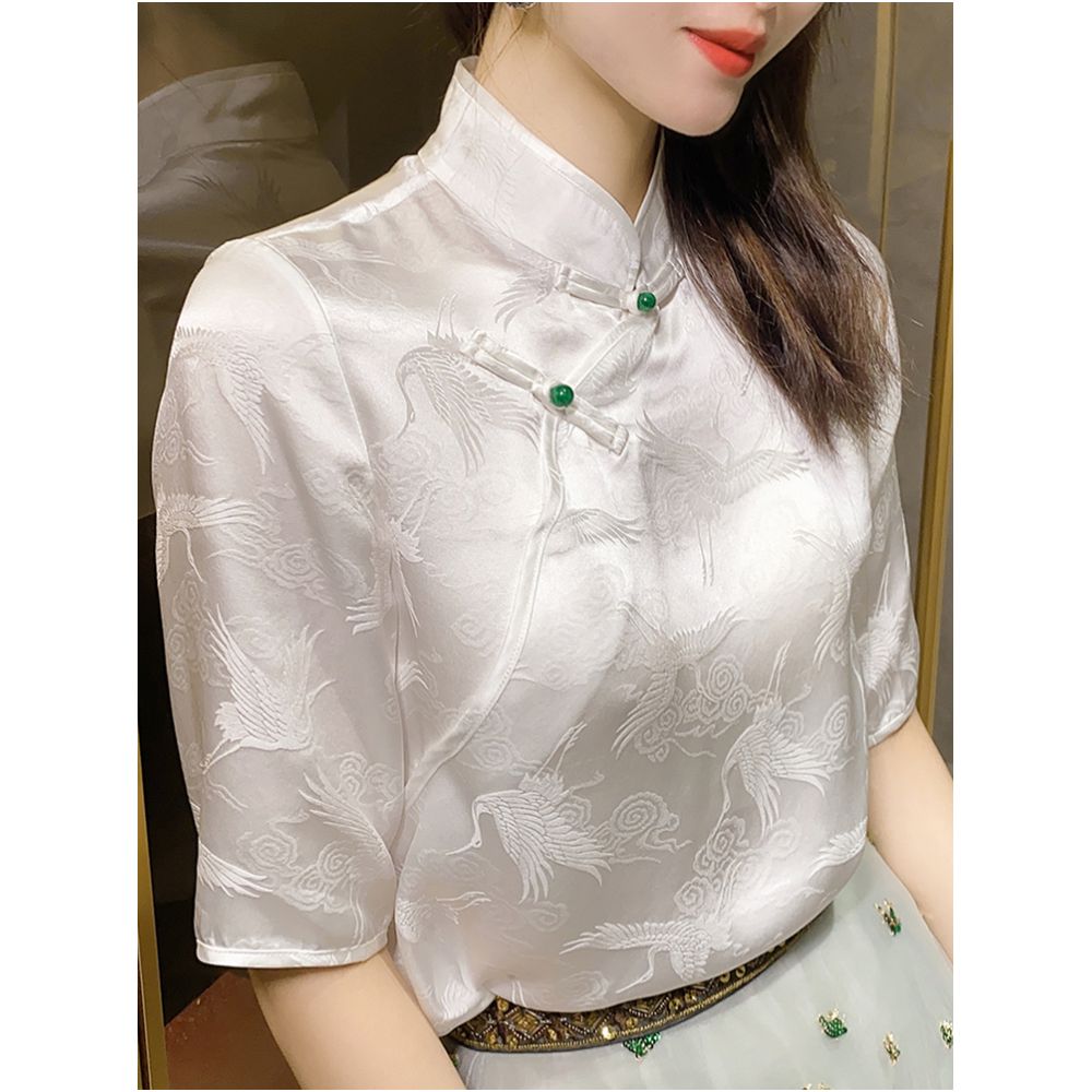 Heavy Industry Jacquard Heavy duty Silk Short sleeved Shirt Women s Summer Retro Buckle White Crane 2024 New Top image 4