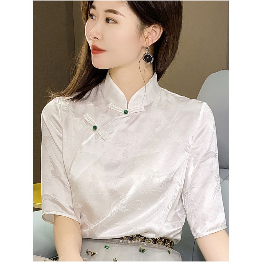 Heavy Industry Jacquard Heavy duty Silk Short sleeved Shirt Women s Summer Retro Buckle White Crane 2024 New Top image 5